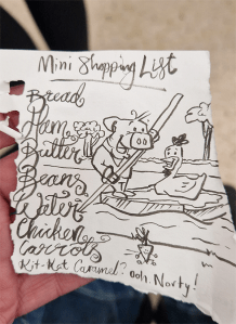 shopping list with a pig, punting a chicken along the river on a bread and butter raft as a carrot runs free on the bank of the river..