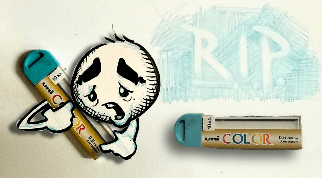 A photo of my last ever 0.5mm lead. It's being cradled by a doodle I drew using the afore mentioned leads.