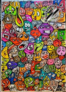 An A4 ratio coloured picture of many many cartoon faces, pulling different faces and expressions. Each one represents a thought or emotion that bombards my brain every hour of every day.