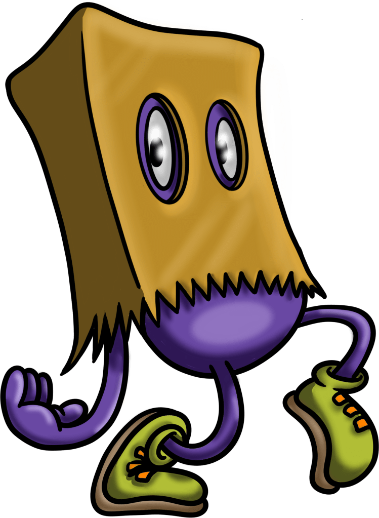 A purple creature, waking along with a paper bag covering most of him as he sloops cooly along.