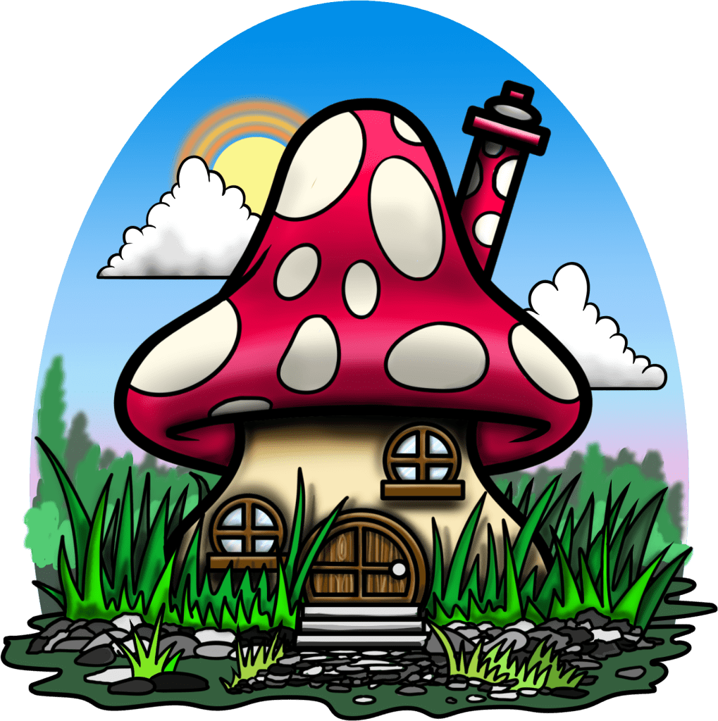 A cute toadstool / mushroom house, nestled in the grass  in the summertime.