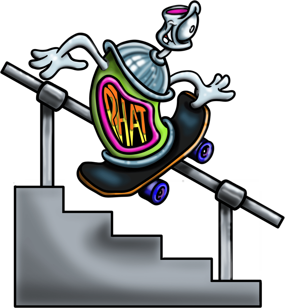 A spray can, called 'Phat Can' goes for a rail on he skateboard.Weeee.