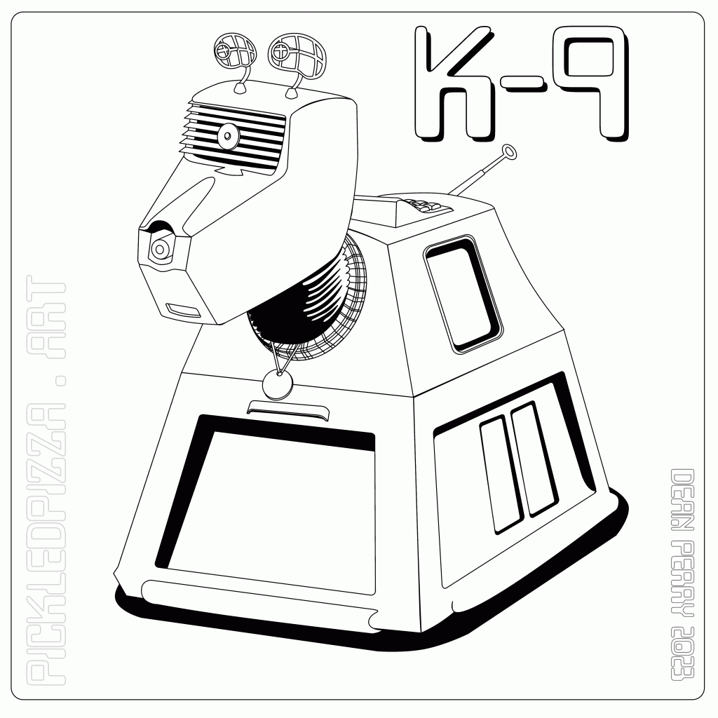 A simple line drawing of the wonderful K-9 from the Doctor Who TV universe