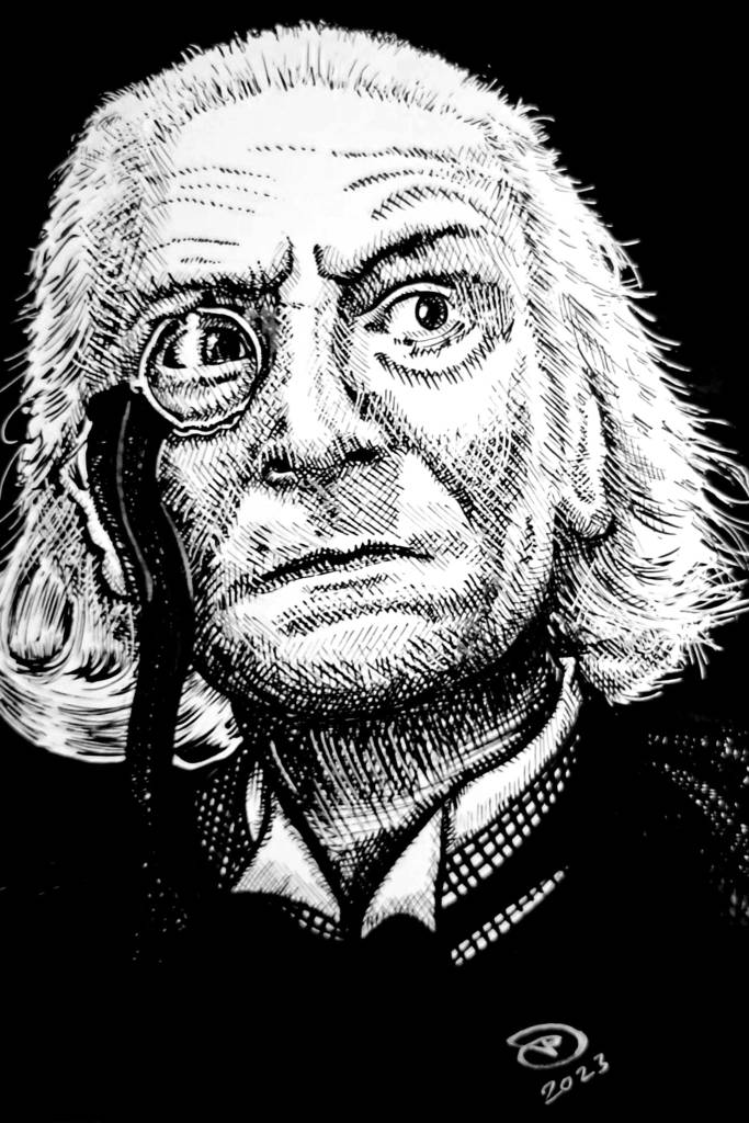 The First Doctor - Ink on Paper, highlights with jellyroll white pen.