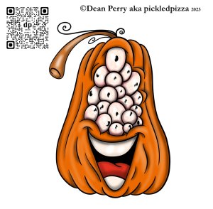 apumpkin with several beady eyes and a happy smile!