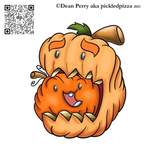 a bigger pumpkin tries to eat a smaller pumpkin but they look cuter