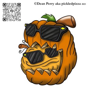 a bigger pumpkin tries to eat a smaller pumpkin but they look cooler, wearing shades.