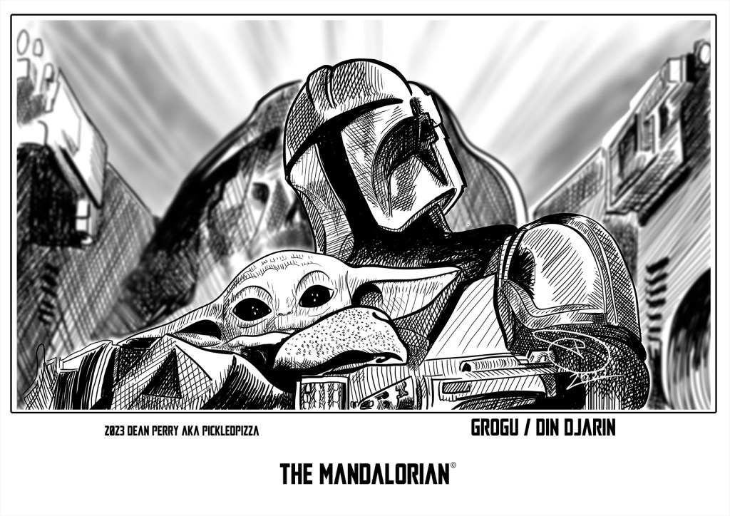a digital drawing of Din Djarin aka The Mandalorian sits in his cockpit with Grogu as they travel through hyperspace