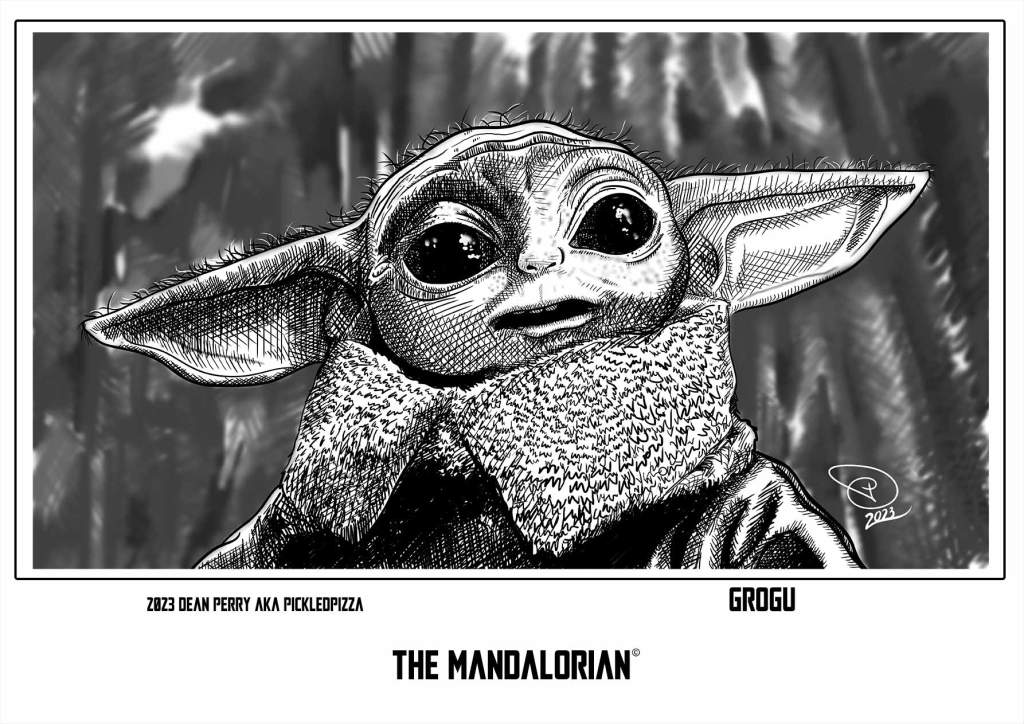 A digital drawing of Grogu, from The Mandalorian