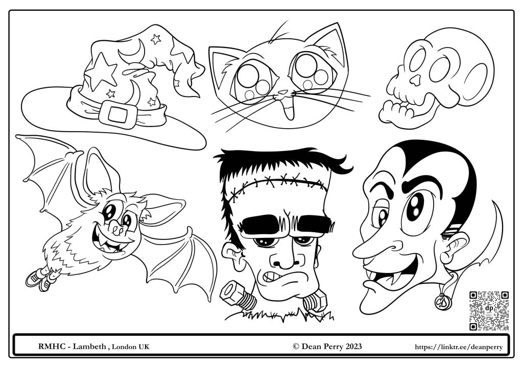 Colour - in sheet 1 featuring a witches hat, a cat, a skull, a bat, a frankenstein's monster and a vampire