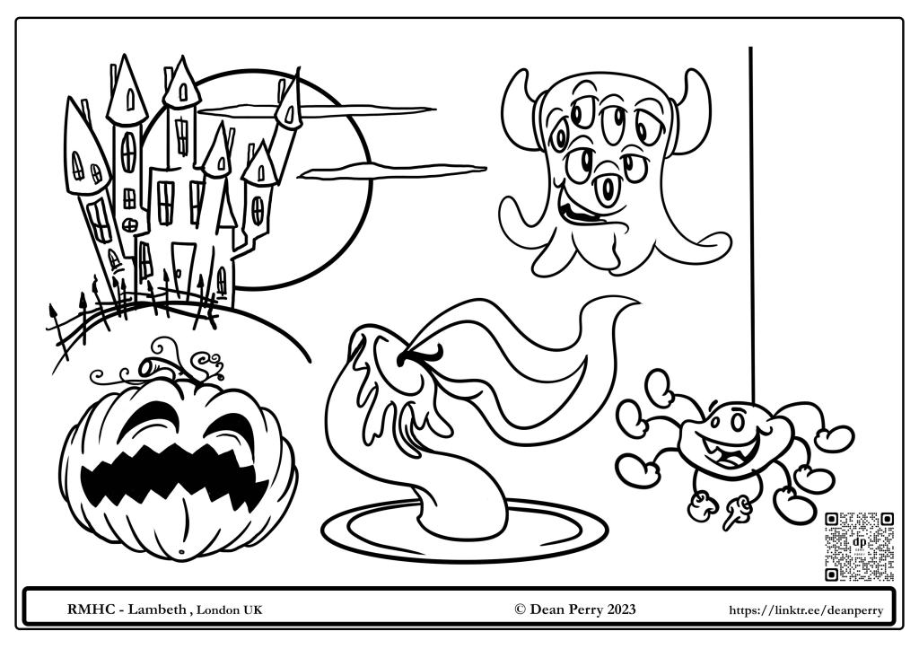 a 2nd colour - in sheet, featuring a haunted hous, a monster, a pumpkin a candle and a cute spider wearing gloves and boots.