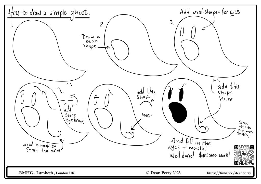 A 'How to draw a simple ghost' sheet, showing stages to draw a simple ghost.