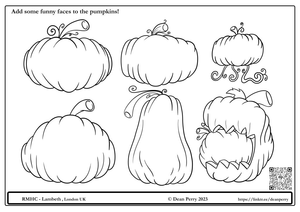 An 'Add some funny faces to the pumpkins' sheet, featuring 6 faceless pumpkins