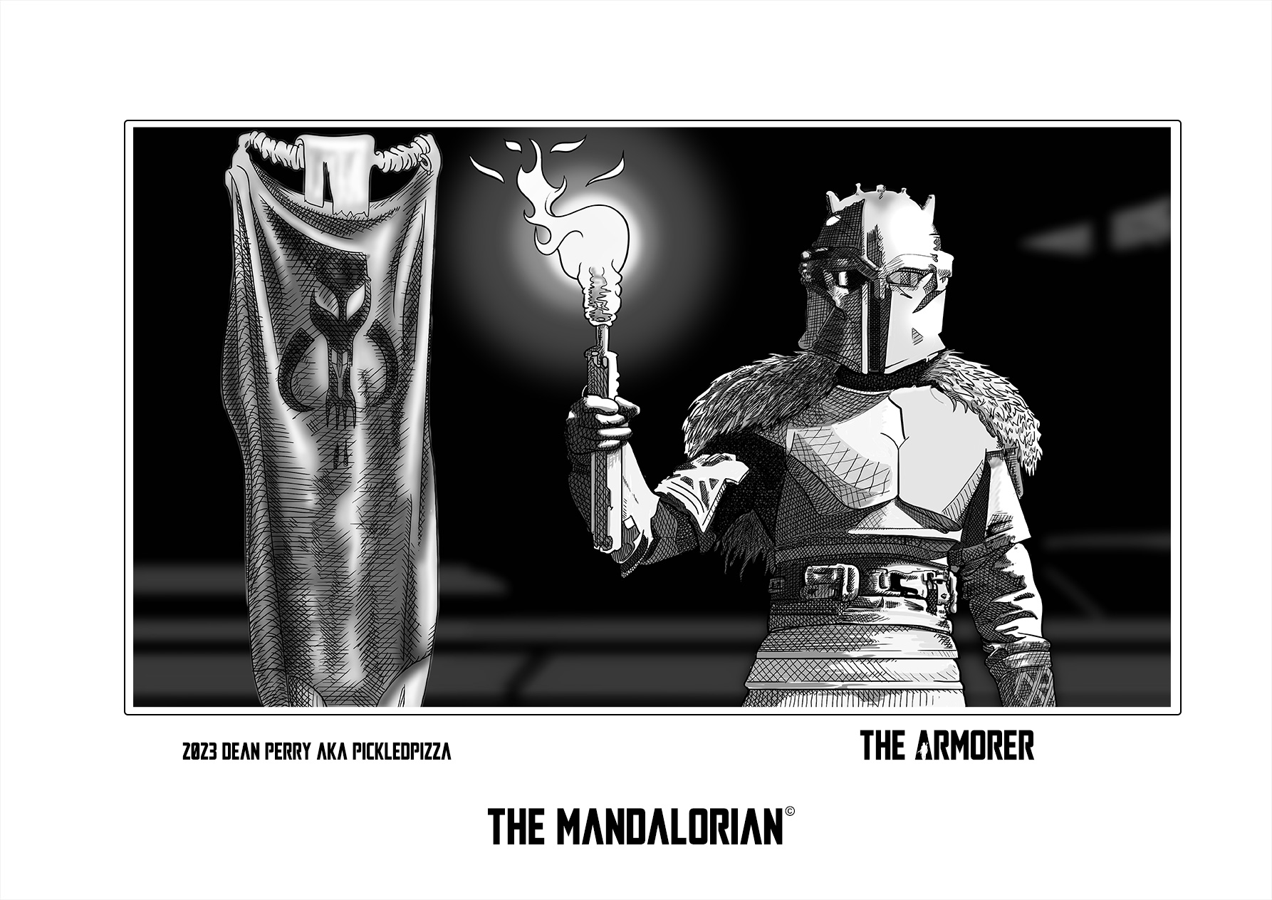 A digital drawing of The Armorer, holding a torch in her right hand.