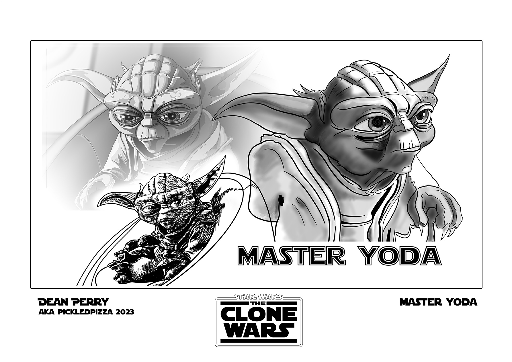 Digital painting of a trio of images of Master Yoda (Clone Wars)